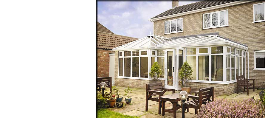 corner view of large spacious upvc conservatories in diamond white in chesterfield